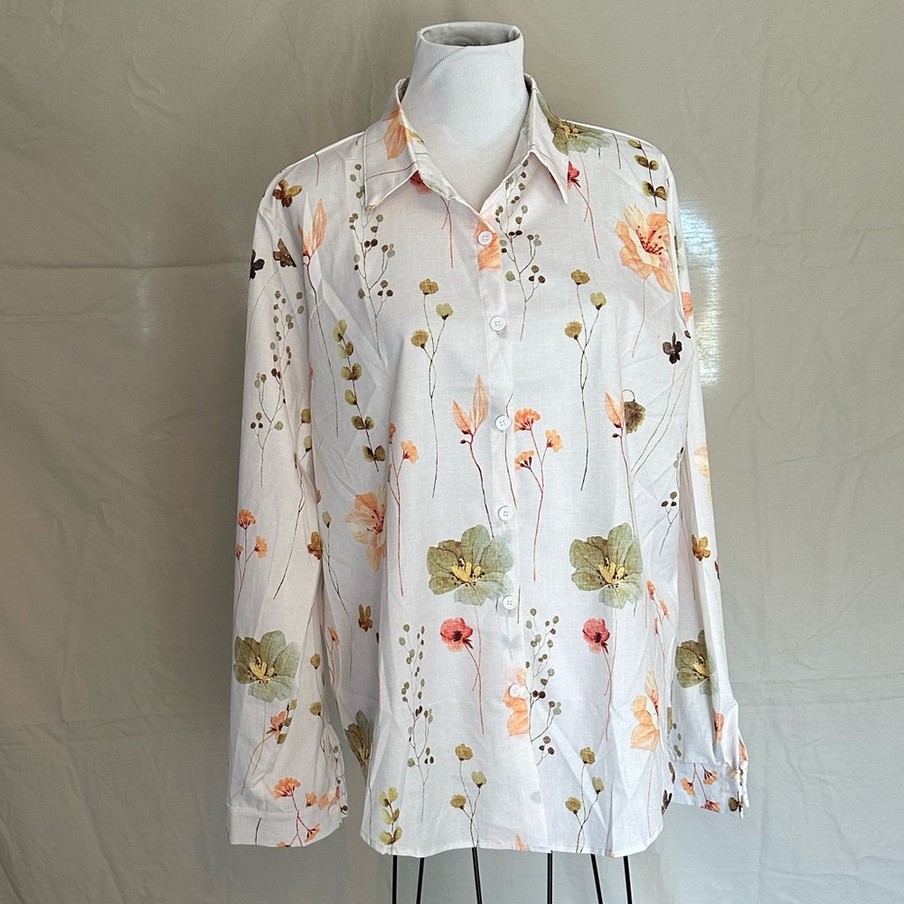 NWOT SHEIN Floral Button-Down Shirt White Coral Sage wildflower blouse XL new